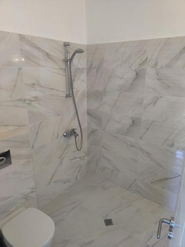 a white bathroom with a shower and a toilet at Villa Casablanca with private pool in Lozenets