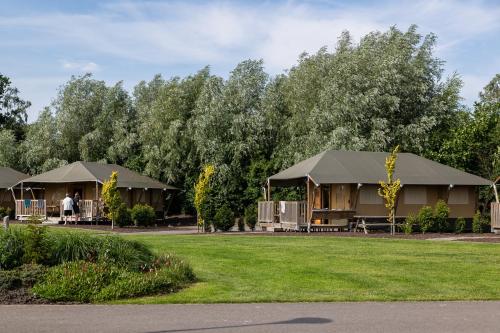 a group of cottages with trees in the background at Waterherberg It Beaken in Heeg