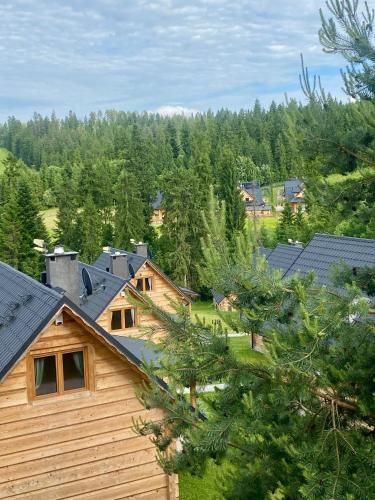 an overhead view of a wooden house with trees at domki z dostępem do SPA i restauracji in Łapsze Niżne