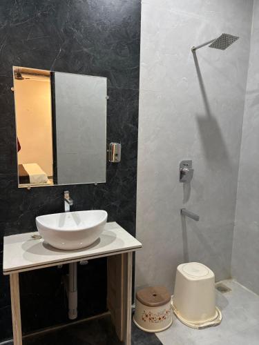 a bathroom with a sink and a mirror at HOTEl SHREE ASHTVINAYAK GRAND in Mandlā
