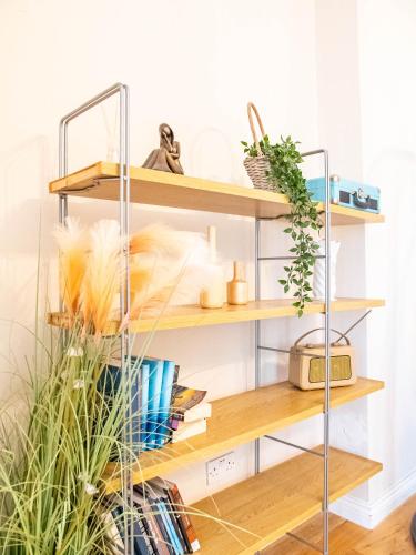 a room with wooden shelves and a plant at Bessemer House Sheffield in Sheffield