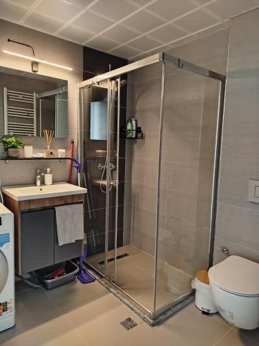a shower in a bathroom with a sink and a toilet at 33rd Floor Twin Apartments & 7th Floor Apartment In Cevahir Sky City Complex With Pool, Spa, Fitness and Parking Included In Price in Skopje