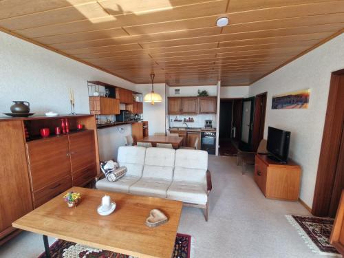 a living room with a couch and a table at Modern & Vintage Bocksbergblick Ferienpark Hahnenklee in Hahnenklee-Bockswiese