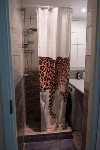 a shower with a leopard shower curtain in a bathroom at Ruumikas looduslik pärl- Self check-in in Viljandi