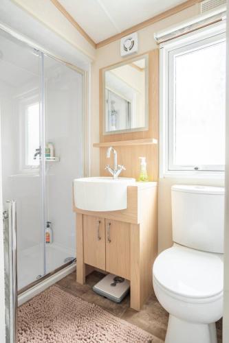 a bathroom with a sink and a toilet and a shower at The Woodlark in Poole
