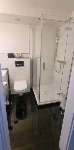 a bathroom with a glass shower and a toilet at Himmel & Meer Suite in Timmendorfer Strand