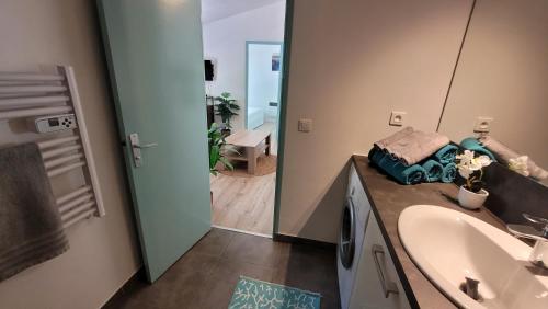 een badkamer met een wastafel en een spiegel bij Larimar Etablissement- 200 M de la mer in Sainte-Maxime