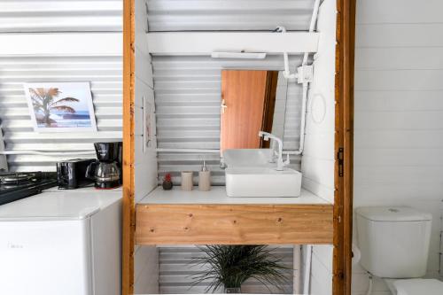 a tiny kitchen with a sink and a toilet at Micro Casa Gótica in Florianópolis