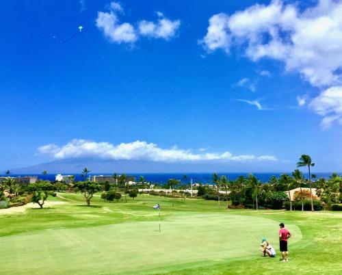 un hombre volando una cometa en un campo de golf en Kaanapali Royal Q-202, en Lahaina