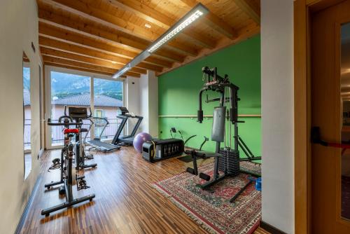 a gym with several tread machines in a room with green walls at Hotel Posta in Comano Terme