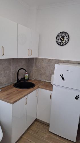 a white kitchen with a sink and a refrigerator at McShane Studio 1 in Dudu