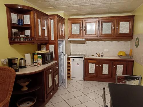 a kitchen with wooden cabinets and a counter top at Studio charmant à Sarlat-la-Canéda avec terrasse in Sarlat-la-Canéda