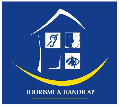 a symbol of a house with the text tourism and handicapper at Greet Hôtel Villeneuve la Garenne - rénové in Villeneuve-la-Garenne