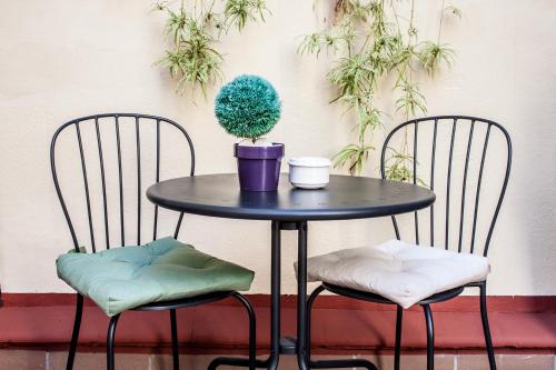two chairs and a table with a plant on it at Hostal Boutique Khronos in Barcelona