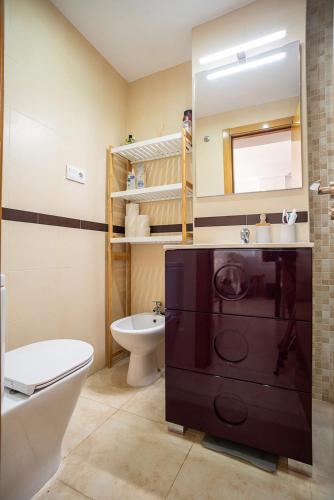 a bathroom with a sink and a toilet and a mirror at JARDINES DEL MAR II Vitamina D todo el año entre playa y montaña in El Borseral