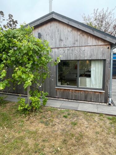 a wooden house with a window and a tree at Strandhuisje Anna dicht bij de zee in Ouddorp