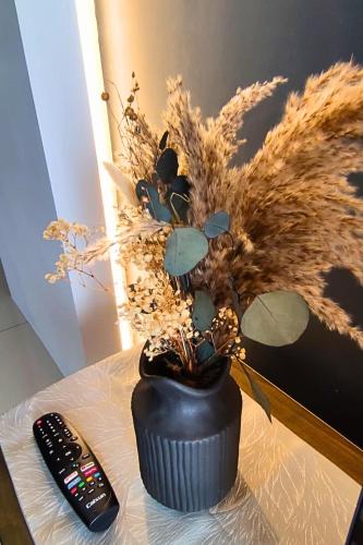 a vase with a plant in it next to a remote control at Majestic Sanctuary Homestay Taiping with Netflix - 2 Carpark in Taiping