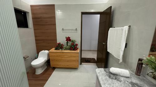 a bathroom with a toilet and a sink at AAA Guest House in Rawalpindi