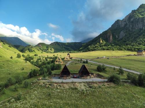 an aerial view of a farm in a green field at Gagma chalets in Stepantsminda