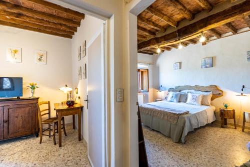 a bedroom with a bed and a desk and a television at La Casina Di Wendy in Sassa