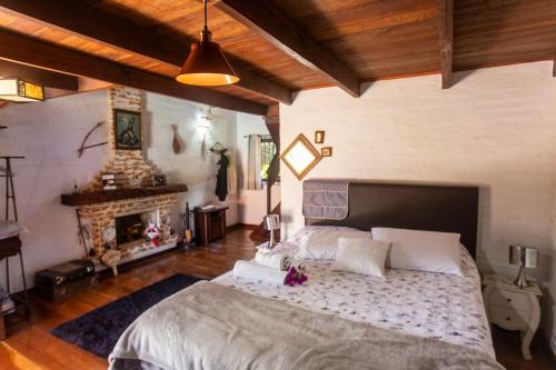 a bedroom with a large bed and a fireplace at LINDA CASA EM SÃO BENTO DO SAPUCAI in São Bento do Sapucaí