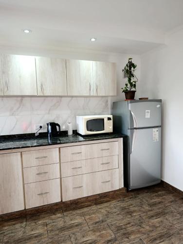 a kitchen with a refrigerator and a microwave at Cruz del Sur in Santa Rosa
