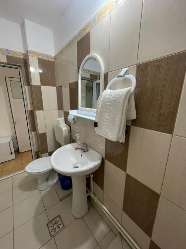 a bathroom with a sink and a toilet and a mirror at Vila Pajura in Costinesti