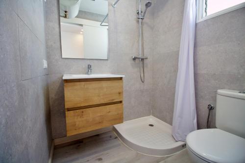 a bathroom with a toilet and a sink and a shower at Apartamentos La Siesta in Oropesa del Mar