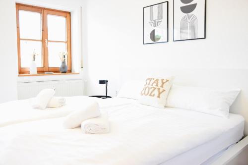 two white beds in a white bedroom with a window at stycoz - Modern studio - Central in Kempten