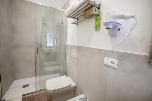 a white bathroom with a shower and a toilet at Dimora Don Ciccillo B&B in Bagnara Calabra