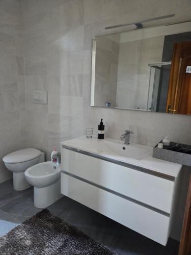 a bathroom with a sink and a toilet and a mirror at CASA REGINA in Crevoladossola