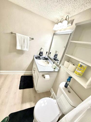 a bathroom with a toilet and a sink and a mirror at Cozy retreat 1Br 1Ba near hospital and tollway in Addison