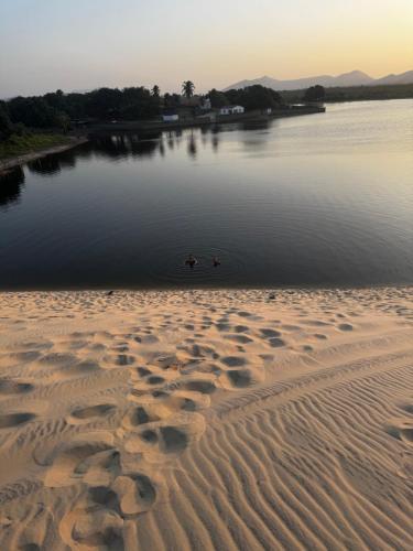 two ducks swimming in the water on a beach at Casa de Veraneio in Caucaia