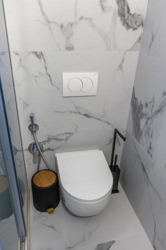 a white toilet in a bathroom with a marble wall at Sofra Kelmendit in Tamarë