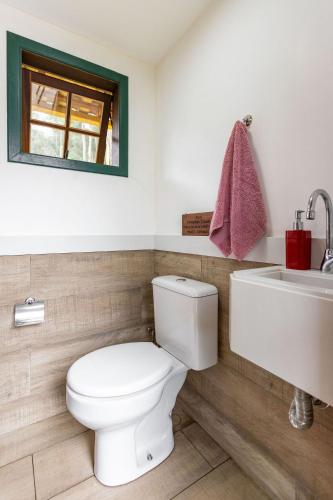a bathroom with a white toilet and a sink at Vaca do Brejo, piscina aquecida, sauna, A/C quente in Petrópolis