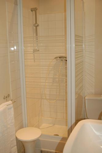 a bathroom with a shower and a toilet and a sink at Hotel Cote Patio in Nîmes