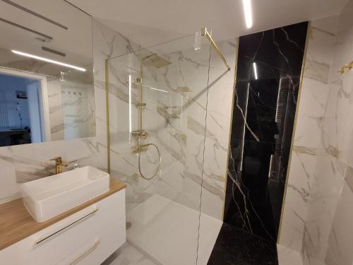 a bathroom with a sink and a glass shower at Shellter Rogowo 117J Apartamenty przy Morzu ATK in Rogowo