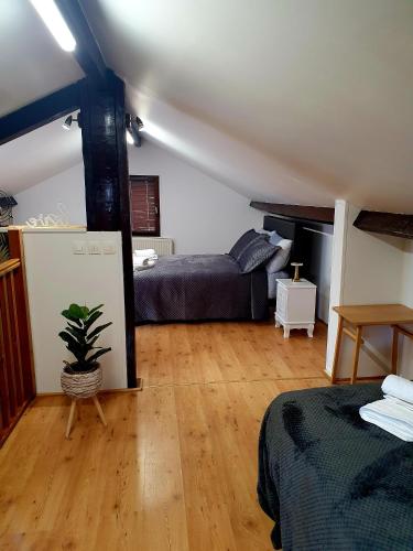 a bedroom with a bed and a potted plant in it at Villa Napoleon Paris - Parking Gratuit - Accès Métro in Les Lilas