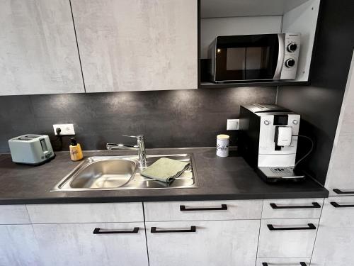 a kitchen counter with a sink and a microwave at Ferienwohnung Naturtraum in Mistelgau