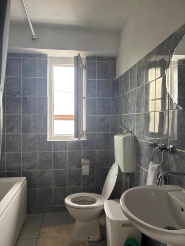 a bathroom with a toilet and a sink and a tub at Apartman DBB Nikšić in Nikšić