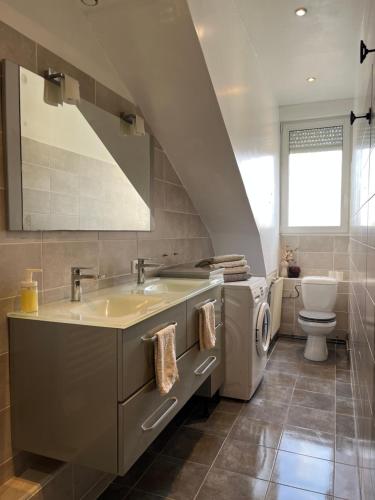 un bagno con lavandino e lavatrice di Duplex de charme en centre ville avec terrasse a Brive-la-Gaillarde