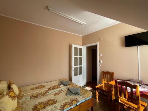 a bedroom with a bed and a tv on the wall at Naomi vendégház in Sovata