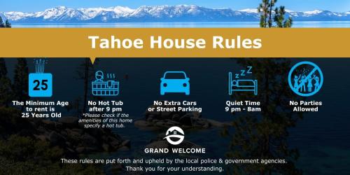 a sign that reads takehoe house rules with mountains in the background at Crystal Charm Amazing 3 BDR Condo Close to Beaches Casinos & Skiing in Crystal Bay