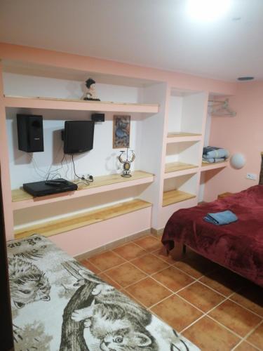 a bedroom with a bed and a tv and shelves at Casa ecologica, autosuficiente con off grid en Lomo Blanco, dentro de una casa rodeada de naturaleza in San Juan de la Rambla