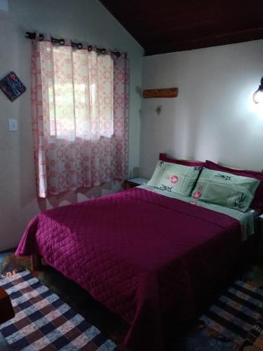 a bedroom with a purple bed with a window at Chalé da Flor in Visconde De Maua