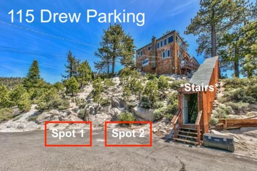 a house on a hill with two signs that say drew parking at Heaven's Nest - the BEST views of Lake Tahoe in Stateline