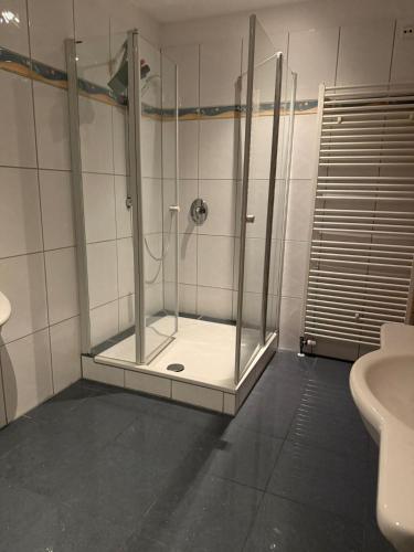 a shower with a glass door in a bathroom at 100 square meters of fun without neighbors! in Hemmingen