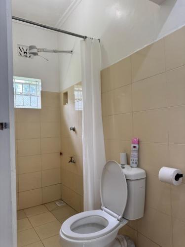 a bathroom with a toilet and a shower at Lion Hill Place in Nakuru