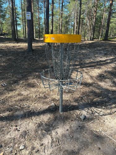 a yellow frisbee golf goal in the woods at Virpiniemen Maston Villa, Oulu in Oulu