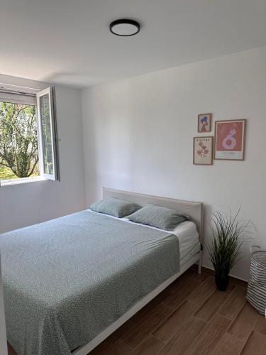 a white bedroom with a bed and a window at Deda Momirov zavičaj in Tulež